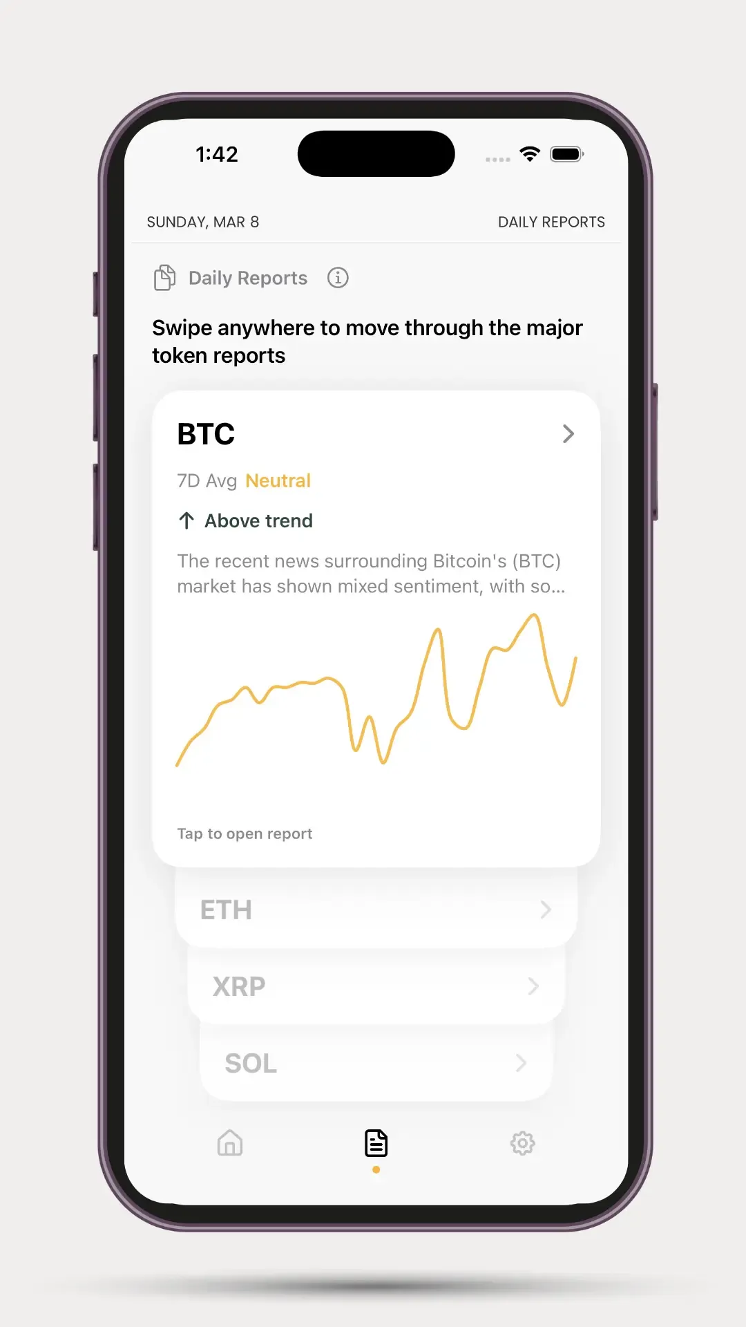 Crypto TLDR Daily Reports screen showing Bitcoin sentiment and token reports.