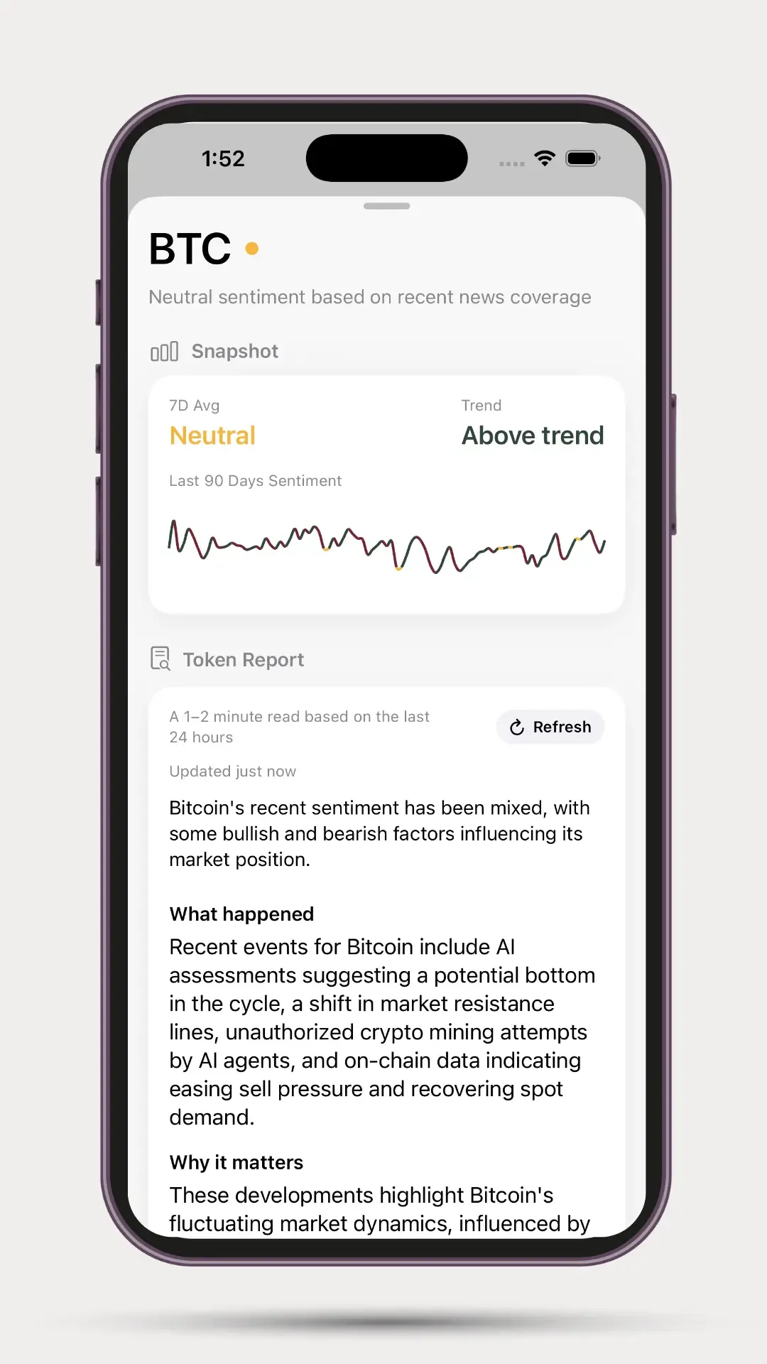 Existing Bitcoin token report, showing its sentiment snapshot, What happened, and Why it matters sections.