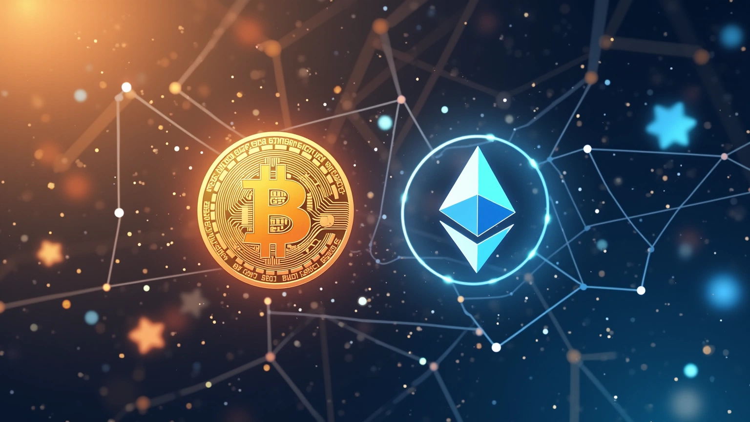 Abstract editorial illustration showing two distinct digital networks representing Bitcoin and Ethereum
