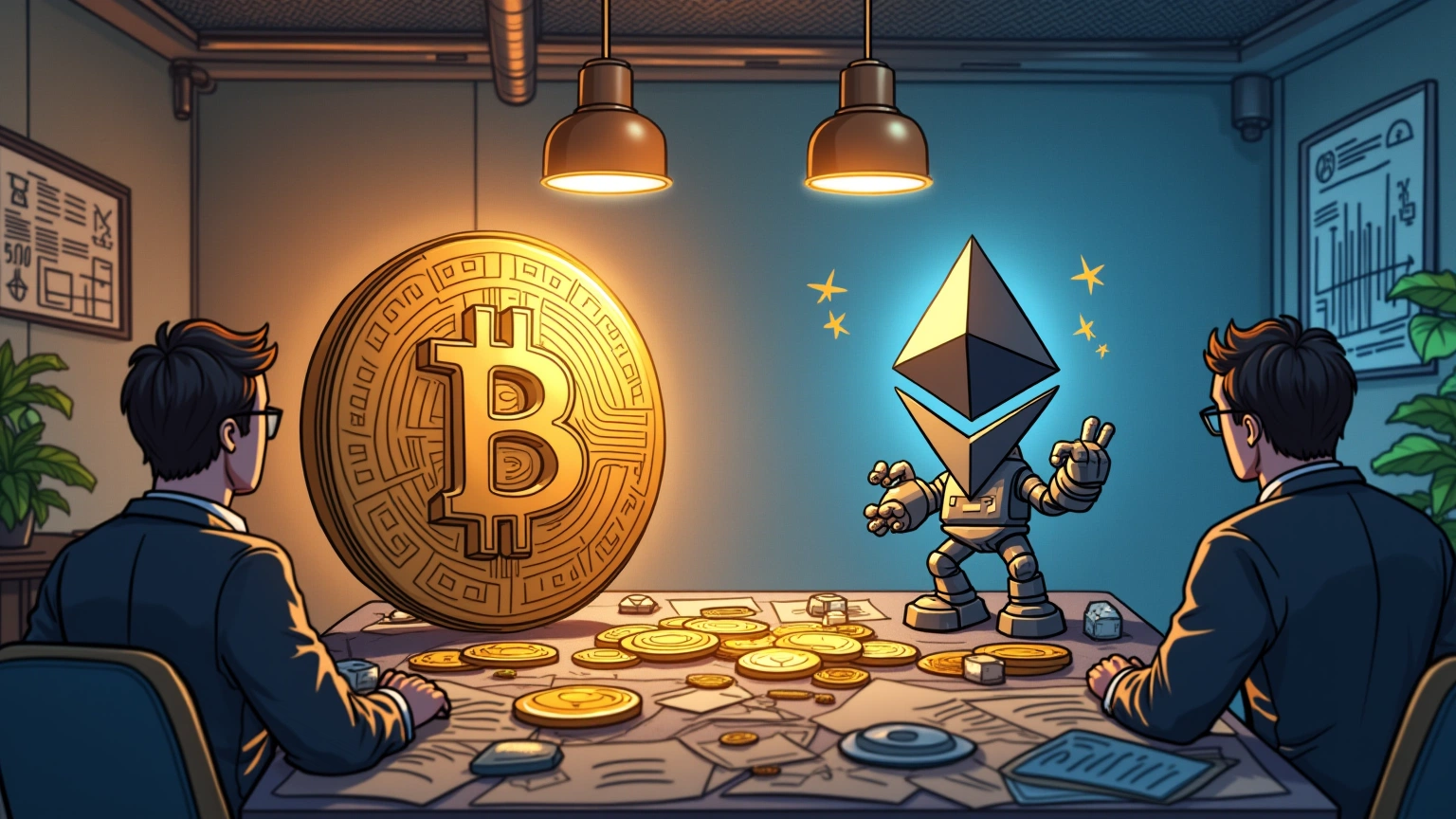 Editorial illustration showing Bitcoin and Ethereum use cases side by side, clean educational style