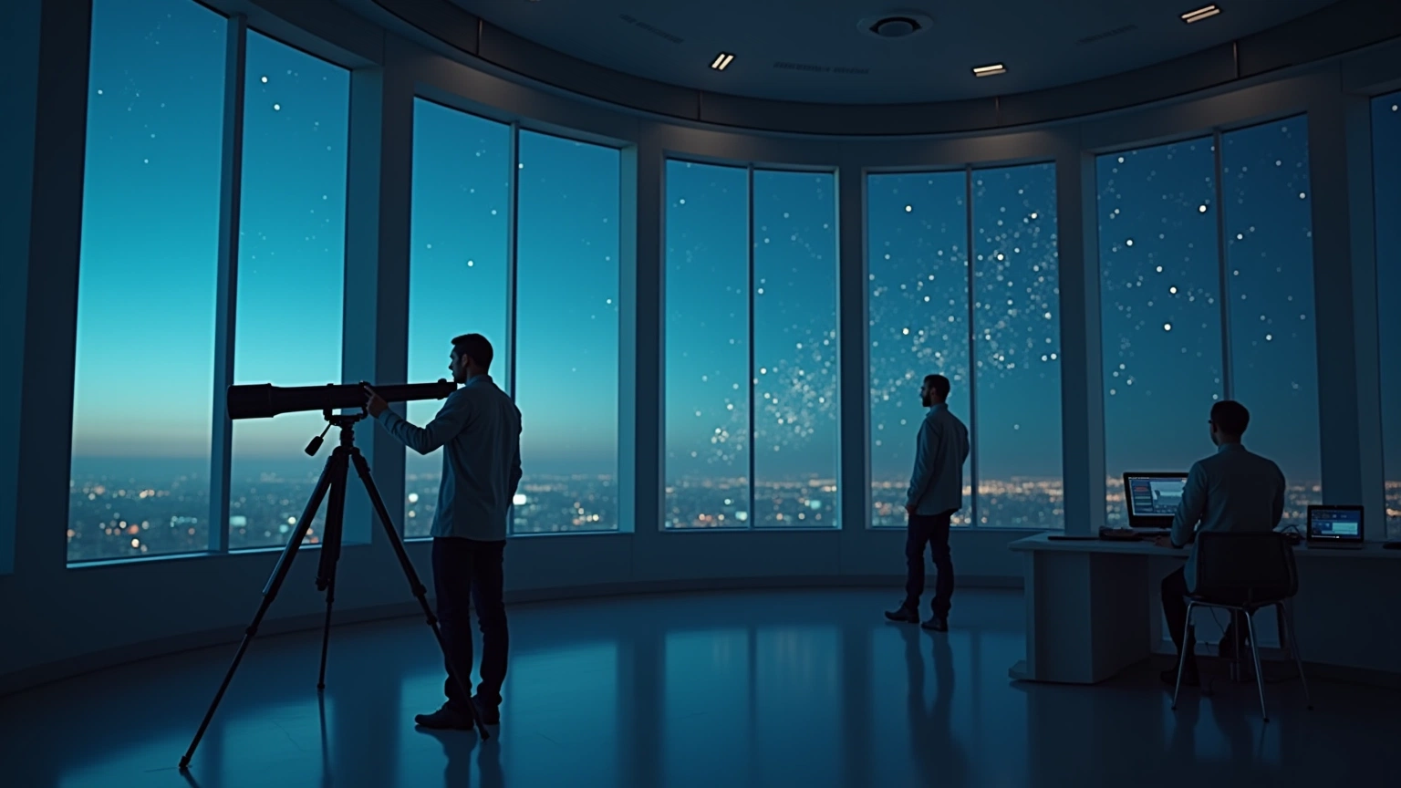 Analyst in a quiet observatory filtering abstract market signals in night sky