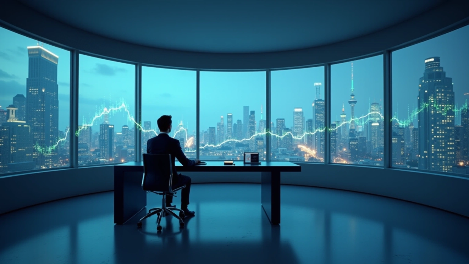 Analyst in a modern observatory room tracking abstract market signals by night