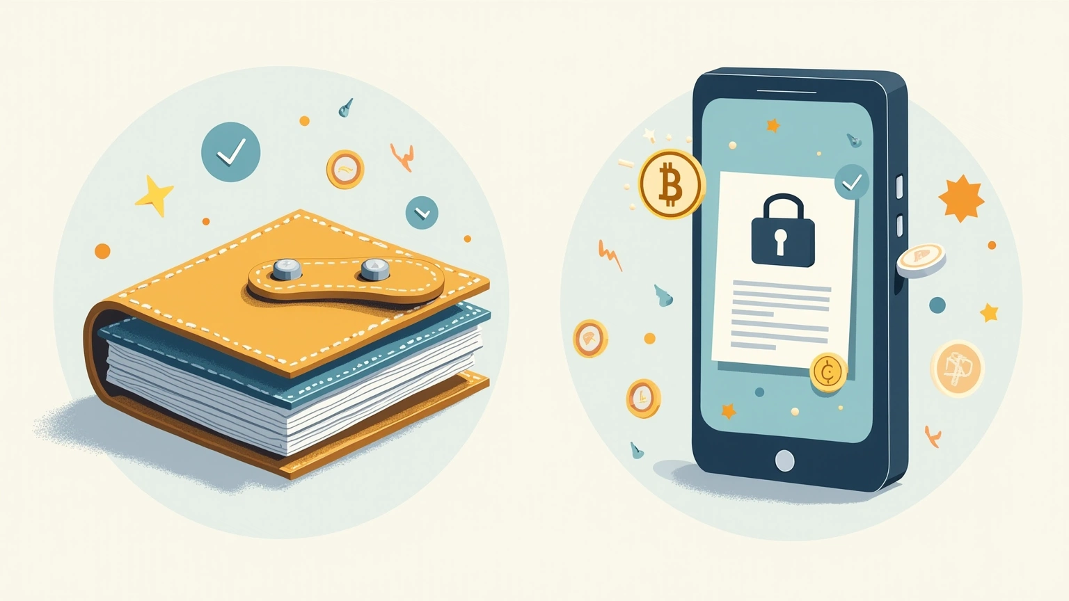 Editorial illustration showing two styles of crypto wallet storage, one online and one offline