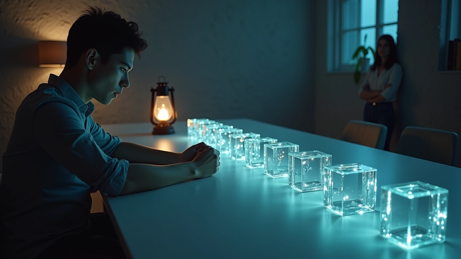 Beginner studying a glowing chain of glass tiles under a lantern.