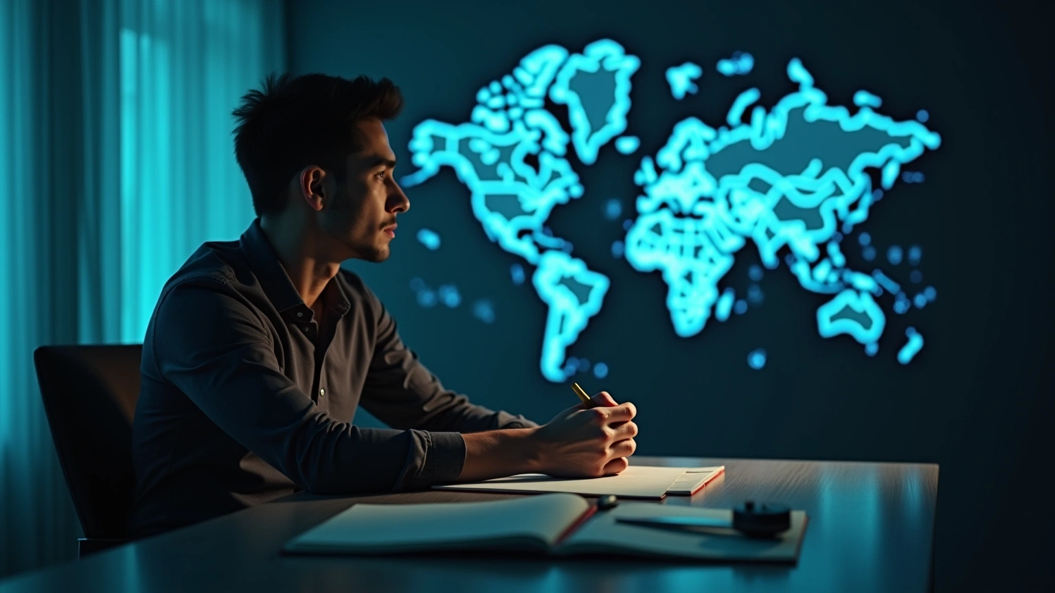 Person calmly reviewing a paper chart in a modern, quiet tech room