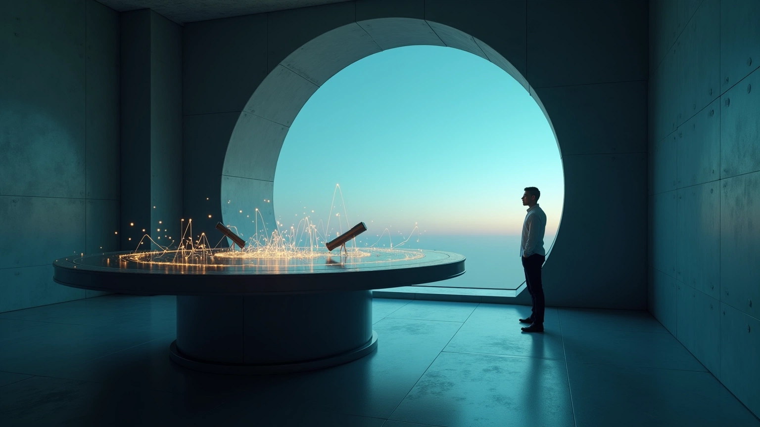 Analyst in modern observatory studying an abstract live market trend instrument.