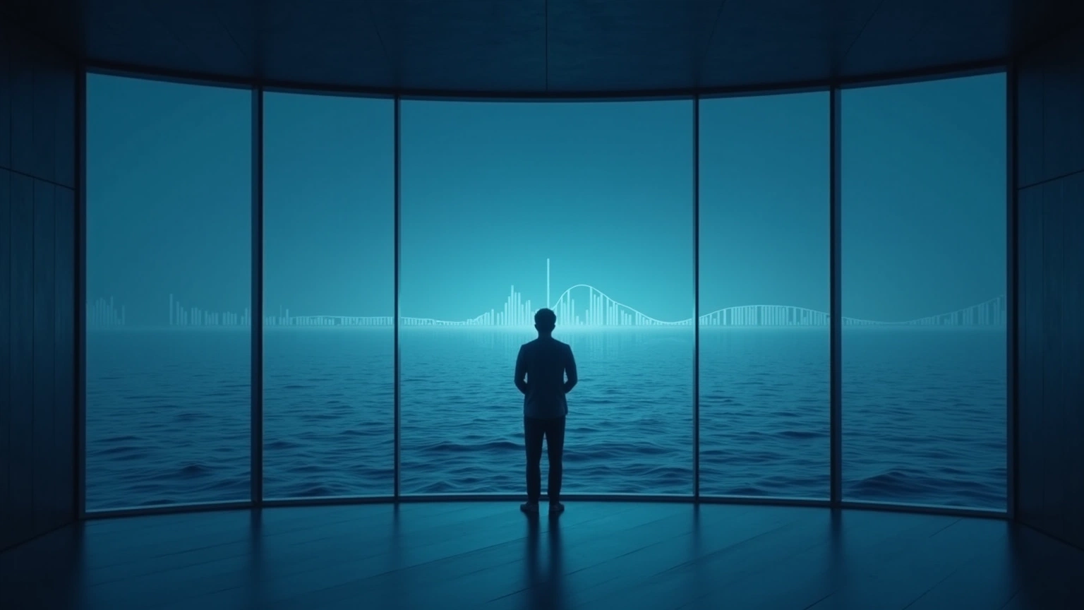 Analyst watches ocean tide-like holographic line from a quiet observatory window