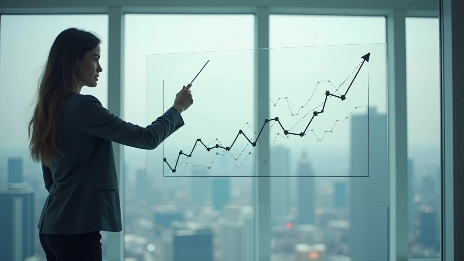 Analyst points at abstract trend lines on glass board in calm studio