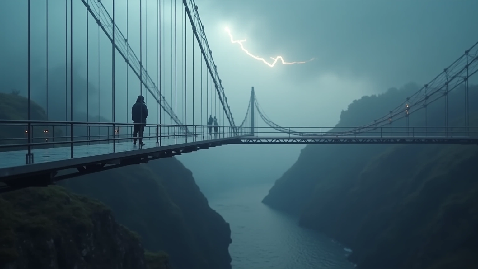 Person on a modern bridge facing shifting weather and a deep ravine