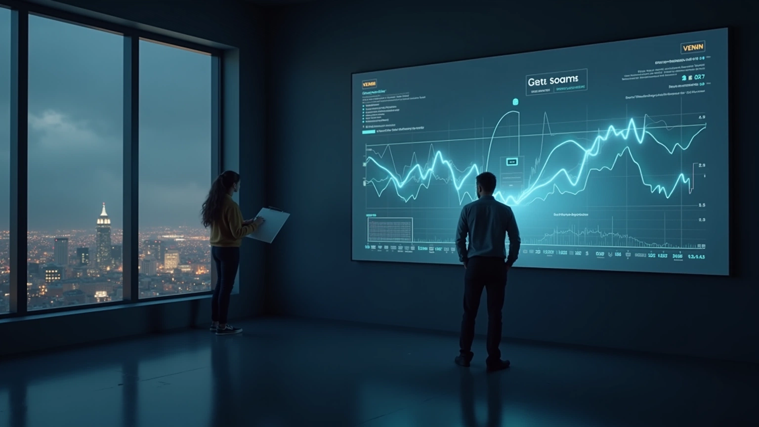 Calm analysts in a navigation room watching abstract stormy market waves