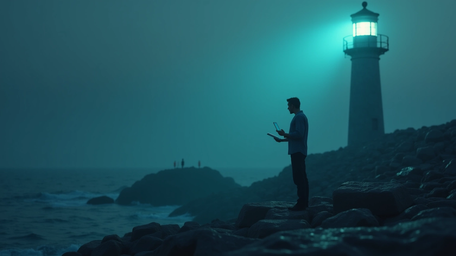Sailor with glowing phone guided by lighthouse beam over misty sea